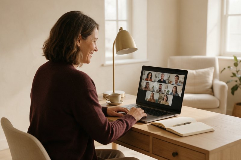 Gabriella Rist – Live-Online-Weiterbildung für Fachkräfte: Teilnehmerin am Laptop im Videounterricht mit der Gruppe