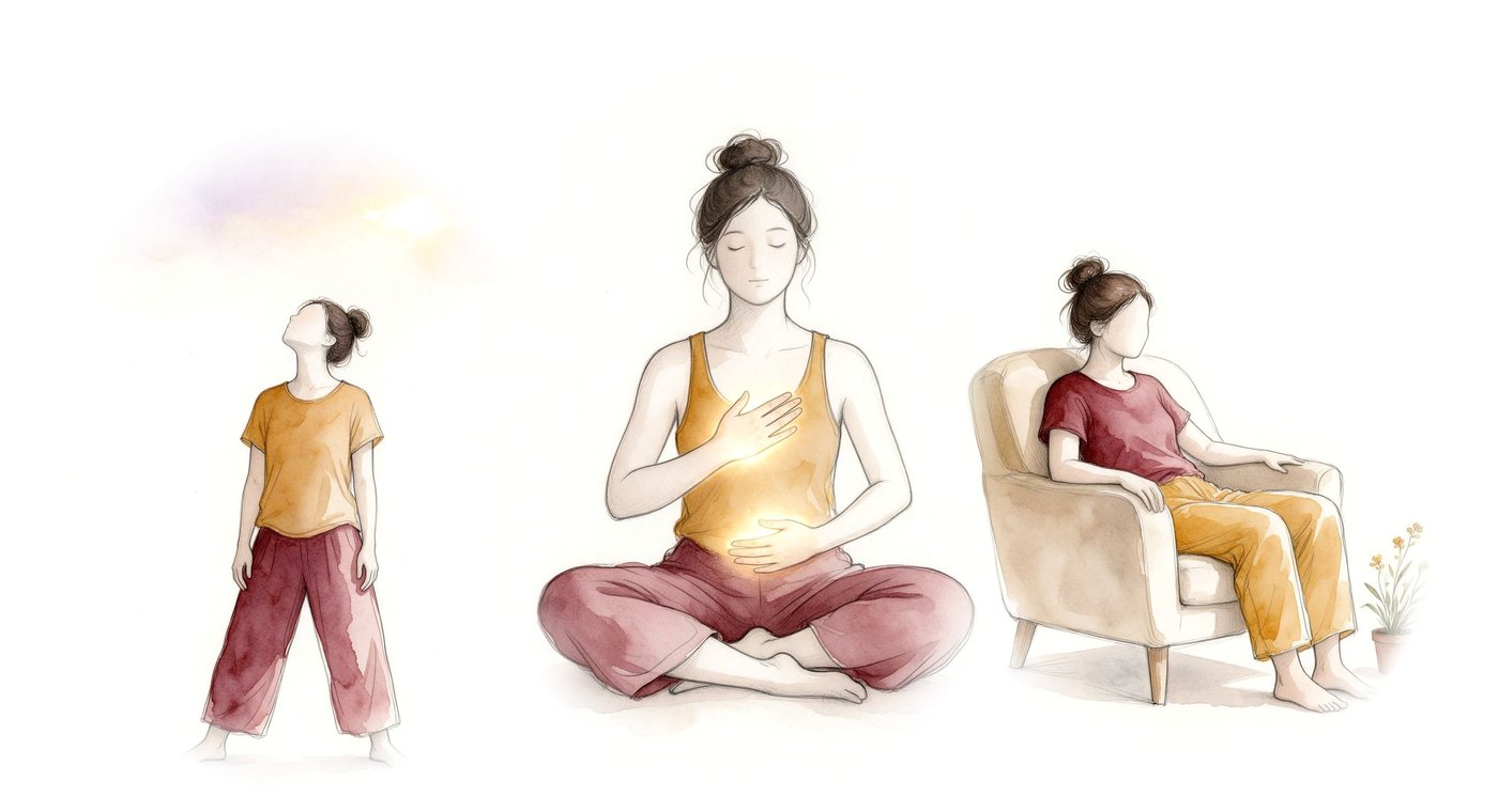 Gabriella Rist – Aquarell: dreimal dieselbe junge Frau, stehend mit dem Blick ins Licht, im Schneidersitz mit den Händen auf Brust und Bauch, entspannt im Sessel