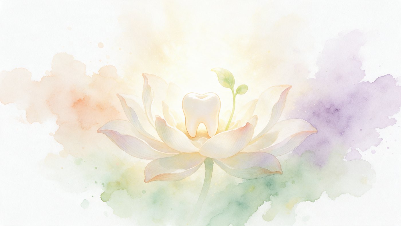 Gabriella Rist – Aquarell: ein einzelner weißer Zahn ruht wie eine Perle in einer geöffneten Lotusblüte, daneben ein grüner Keim