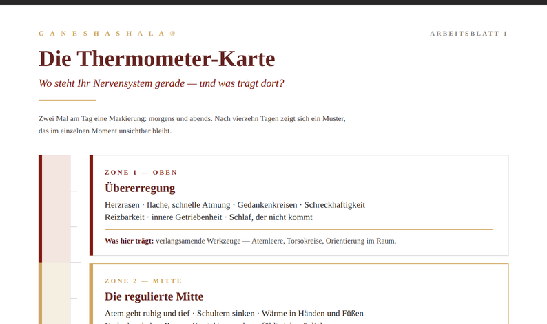 Vorschau der Thermometer-Karte: drei Zonen des Nervensystems mit Körpermerkmalen und passenden Werkzeugen, dazu ein Raster für vierzehn Tage.
