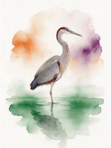 Aquarell: ein Reiher steht still im Wasser