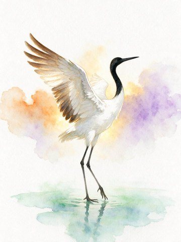 Aquarell: ein Kranich breitet im flachen Wasser die Flügel aus