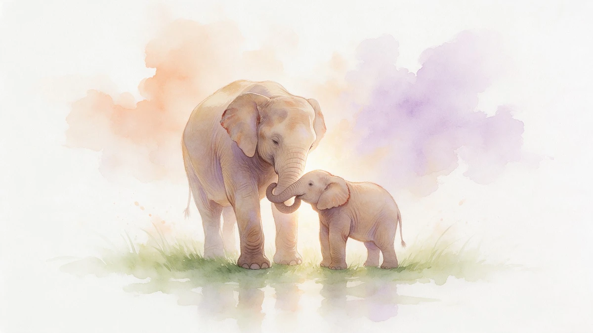 Gabriella Rist – Aquarell zum Bindungstrauma: Elefantenmutter und Kalb mit verschlungenen Rüsseln als Bild für sichere Bindung