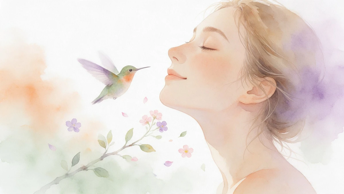 Gabriella Rist – Aquarell zu Zähne und Trauma: Frau im Profil mit ruhigem, weichem Kiefer, ein kleiner Kolibri am Kinn als Bild für das Summen